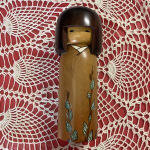 Vintage USABURO Kokeshi Wooden Doll Signed Willow Buds Pattern  7.5”